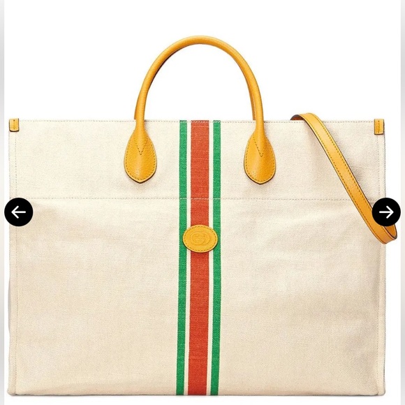 Gucci linen Foldable Web Tote Canvas With yellow strap. Very gently used. - Picture 1 of 16